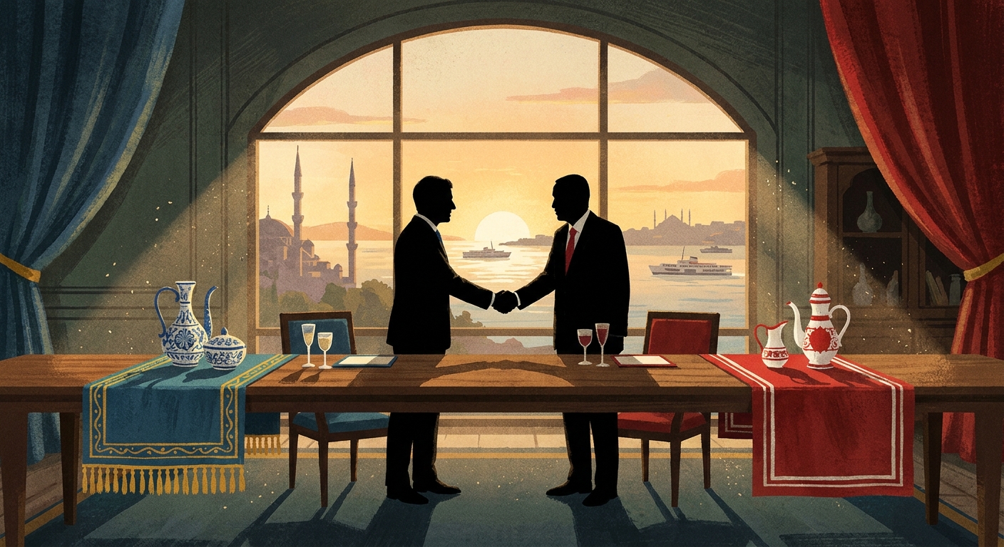 İllüstrasyon: İstanbul Boğazı manzarasında gerçekleşen temsili diplomatik zirve masası.