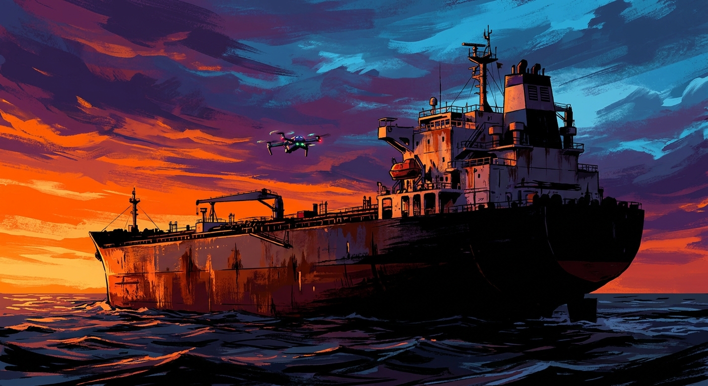 İllüstrasyon: Karadeniz'de seyreden bir petrol tankerine yaklaşan insansız hava aracının temsili görüntüsü.