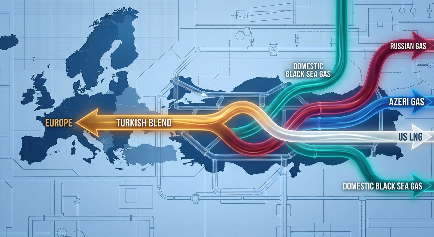 İllüstrasyon: Farklı kaynaklardan gelen gaz moleküllerinin Türkiye'nin boru hattı şebekesinde harmanlanarak Avrupa'ya akışını gösteren konsept bir görsel.