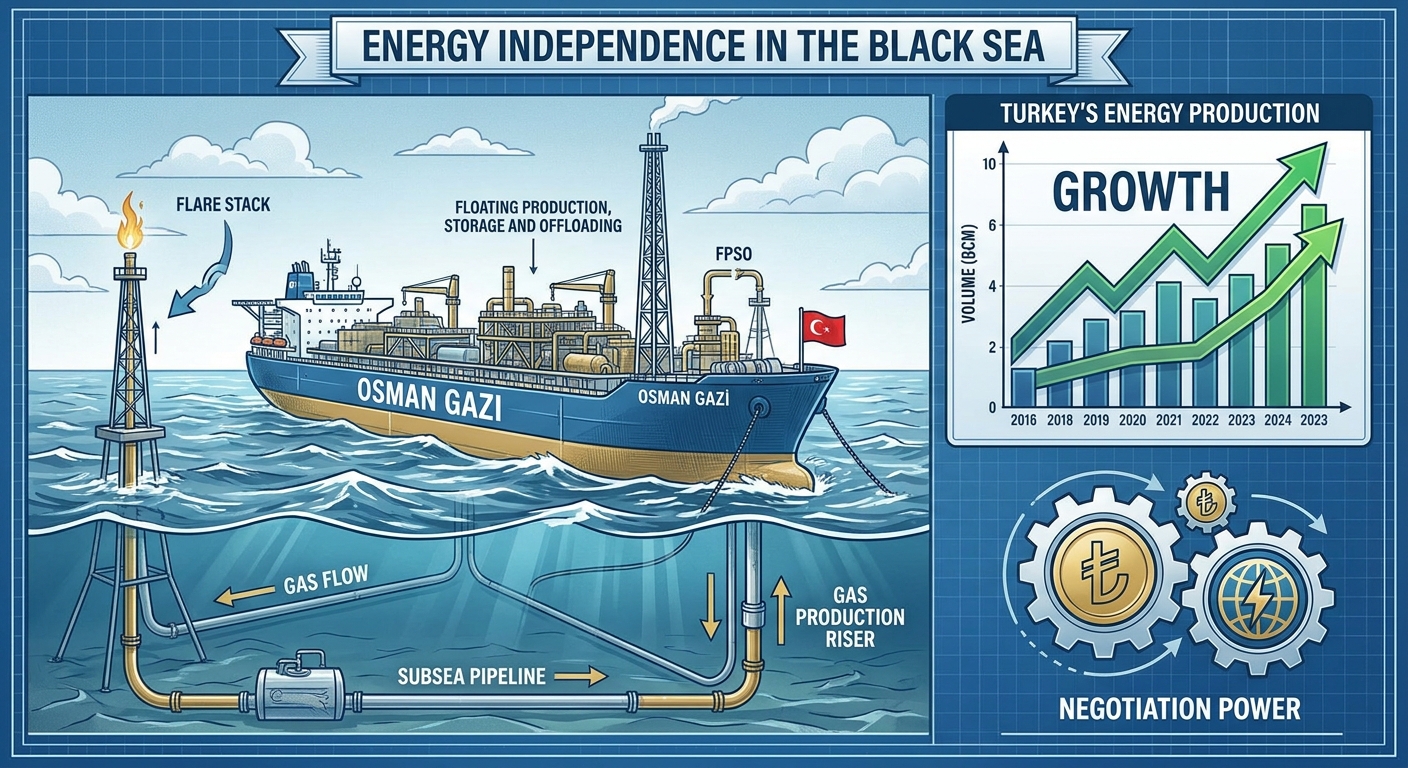 İllüstrasyon: Karadeniz'deki 'Osman Gazi' FPSO platformunun gaz üretimini artırarak Türkiye'nin enerji bağımsızlığını ve müzakere gücünü simgelediği bir sahne.